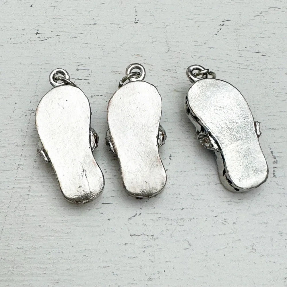 Set of 3 Abalone Shell Flip Flop Pendant Bracelet Rhinestone Charms Silver Tone - Picture 7 of 9
